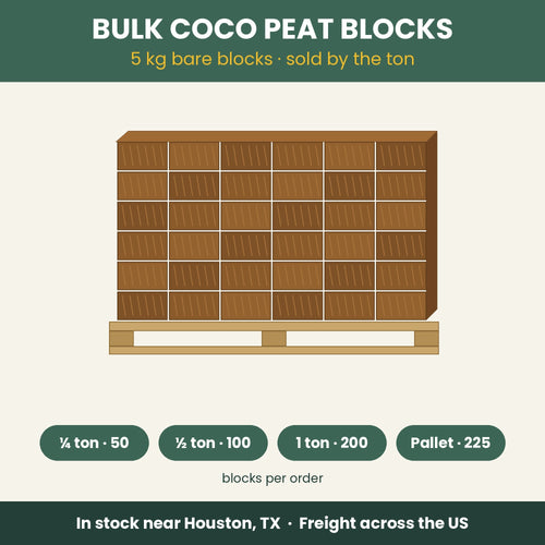 Pallet of bare 5 kg coco peat blocks, sold by the quarter ton, half ton, ton or pallet