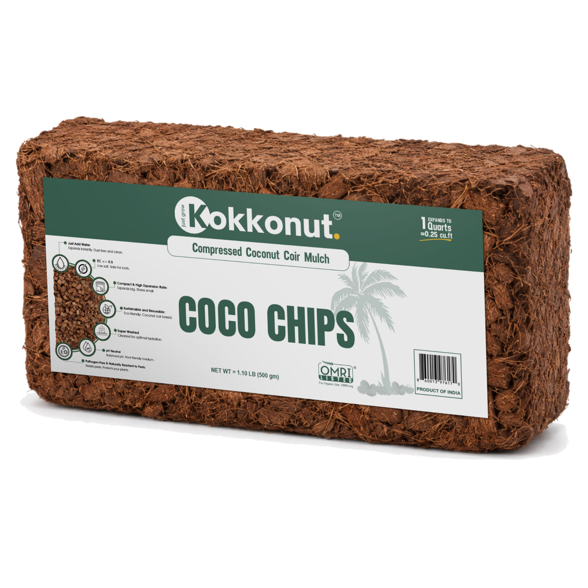 Kokkonut coco chips brick, 1 x 500 g compressed coconut husk chips