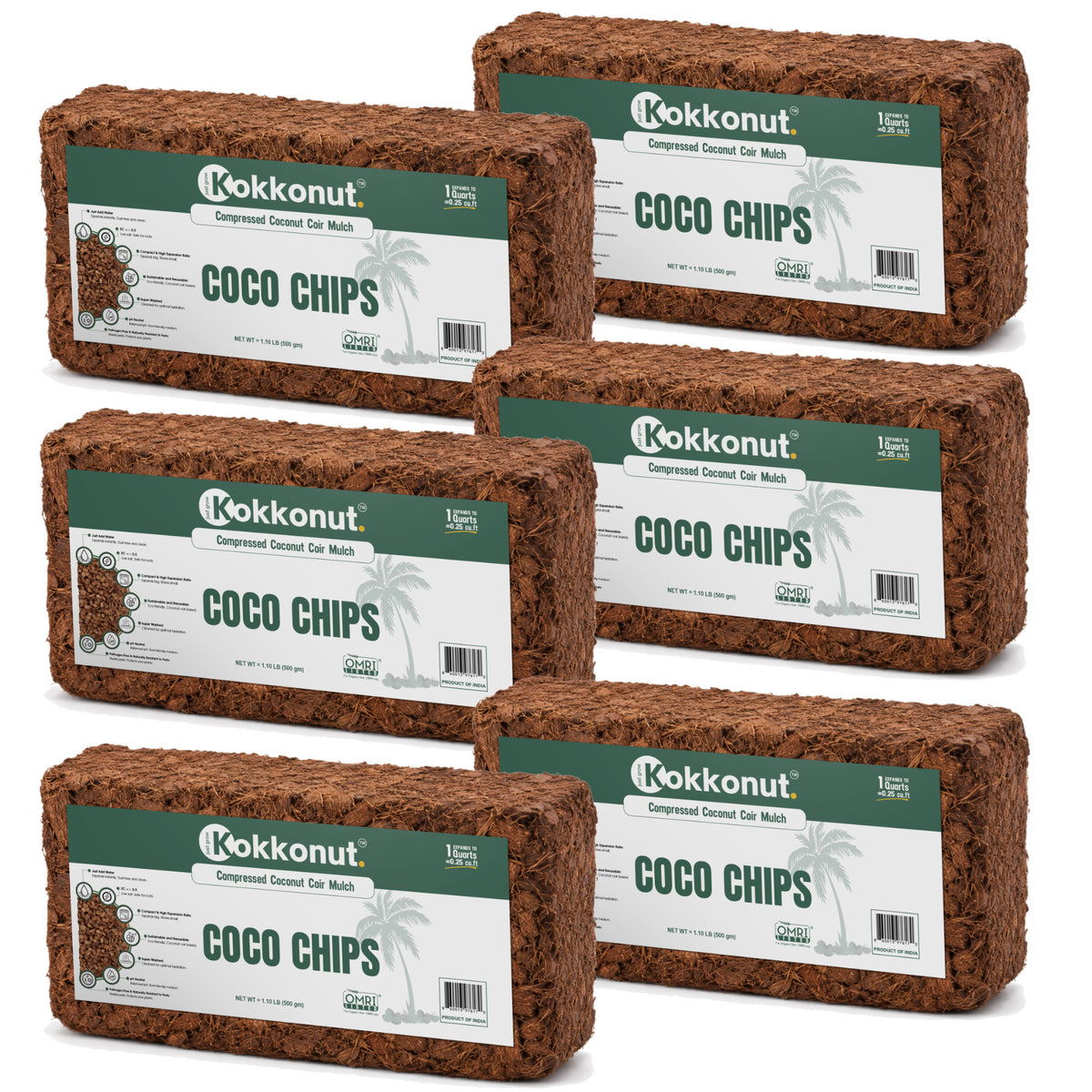 Kokkonut coco chips bricks, 6 x 500 g compressed coconut husk chips