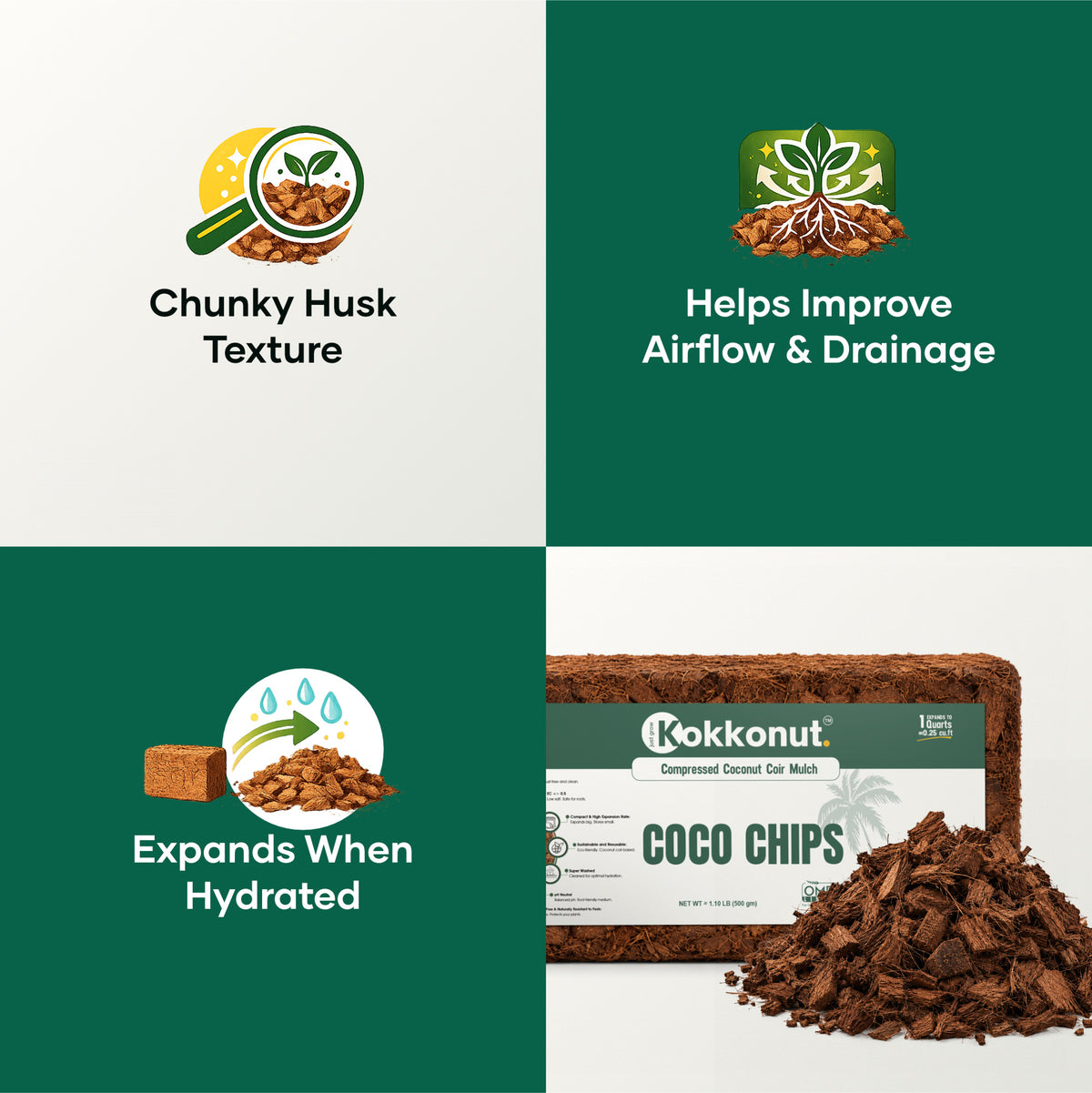 Kokkonut coco chips brick specifications: 500 g brick expands to about 0.25 cubic feet