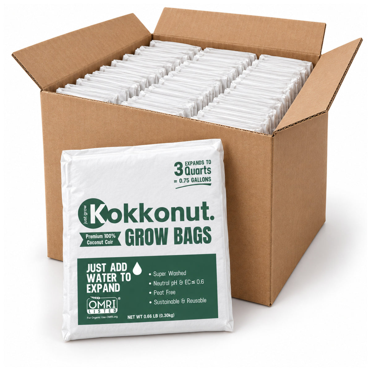 Full carton of 52 Kokkonut 0.75 gallon coco coir grow bags