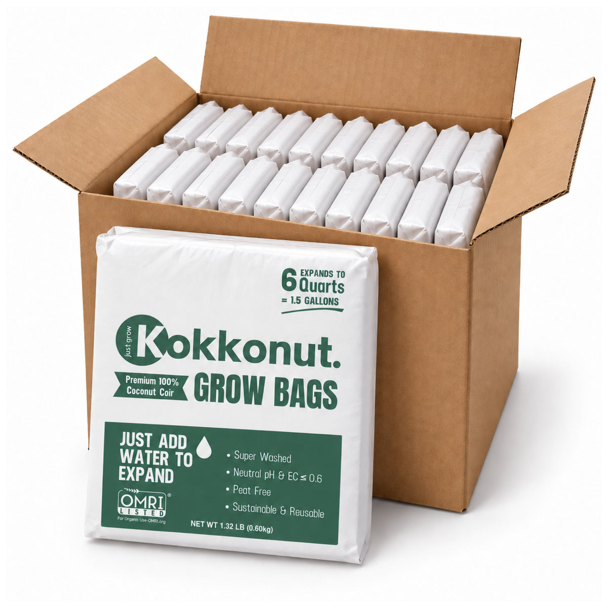 Full carton of 19 Kokkonut 1.5 gallon coco coir grow bags