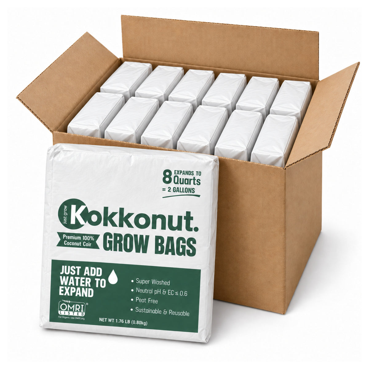 Full carton of 12 Kokkonut 2 gallon coco coir grow bags