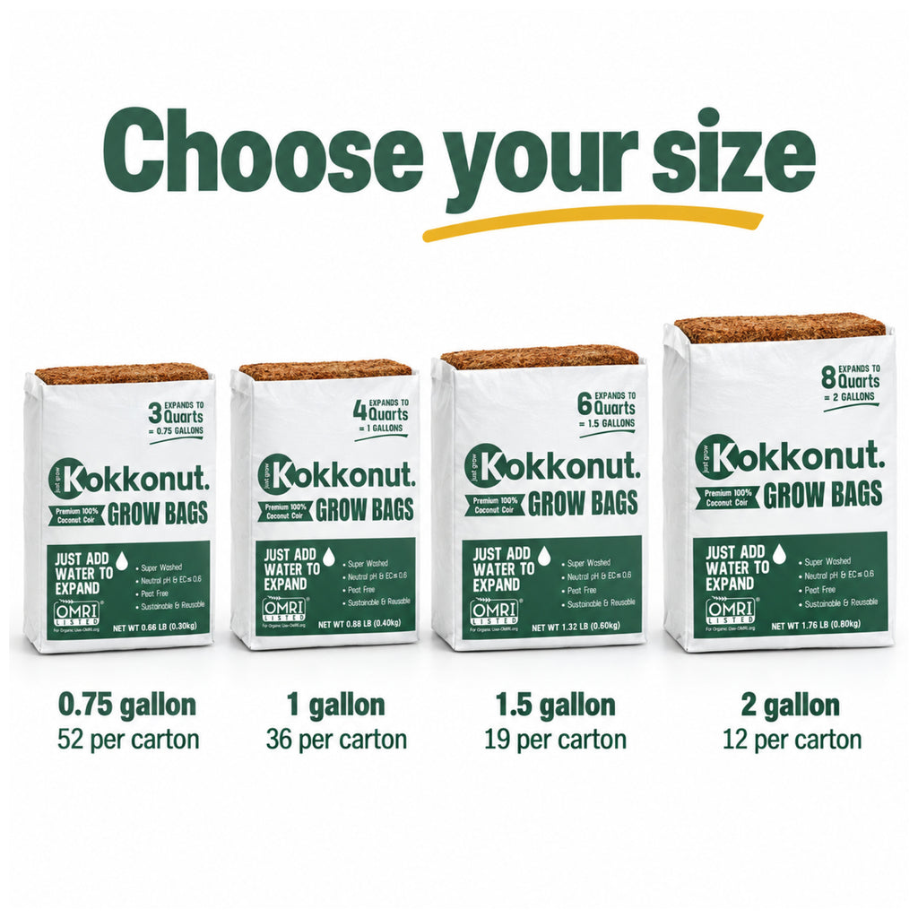 Kokkonut coco coir grow bags in four sizes: 0.75, 1, 1.5 and 2 gallon