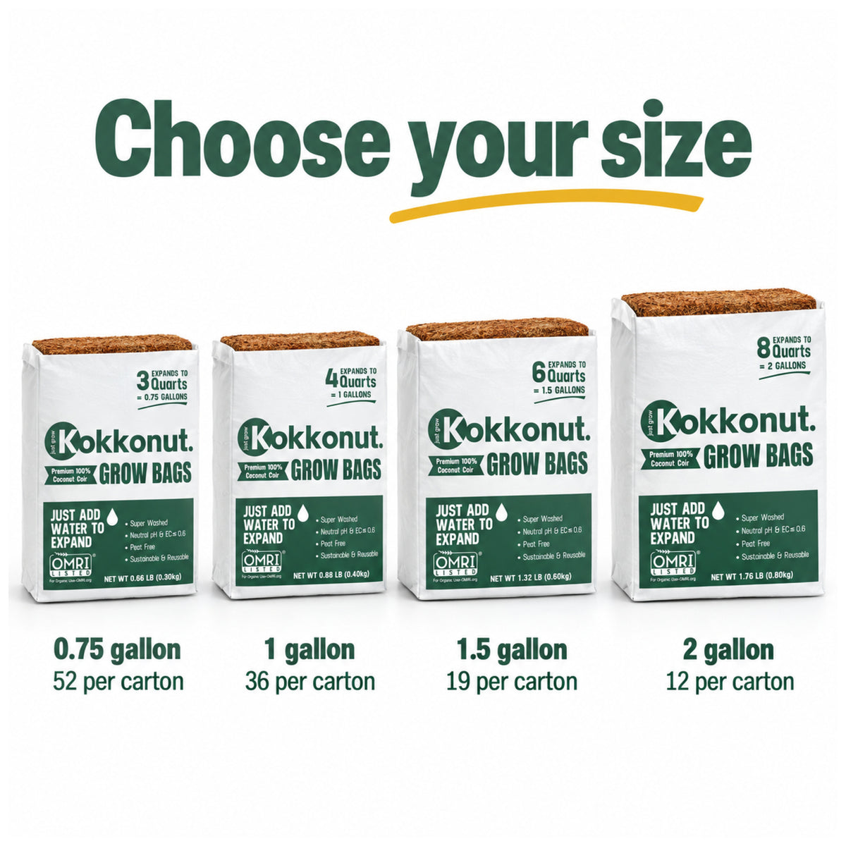 Kokkonut coco coir grow bags in four sizes: 0.75, 1, 1.5 and 2 gallon