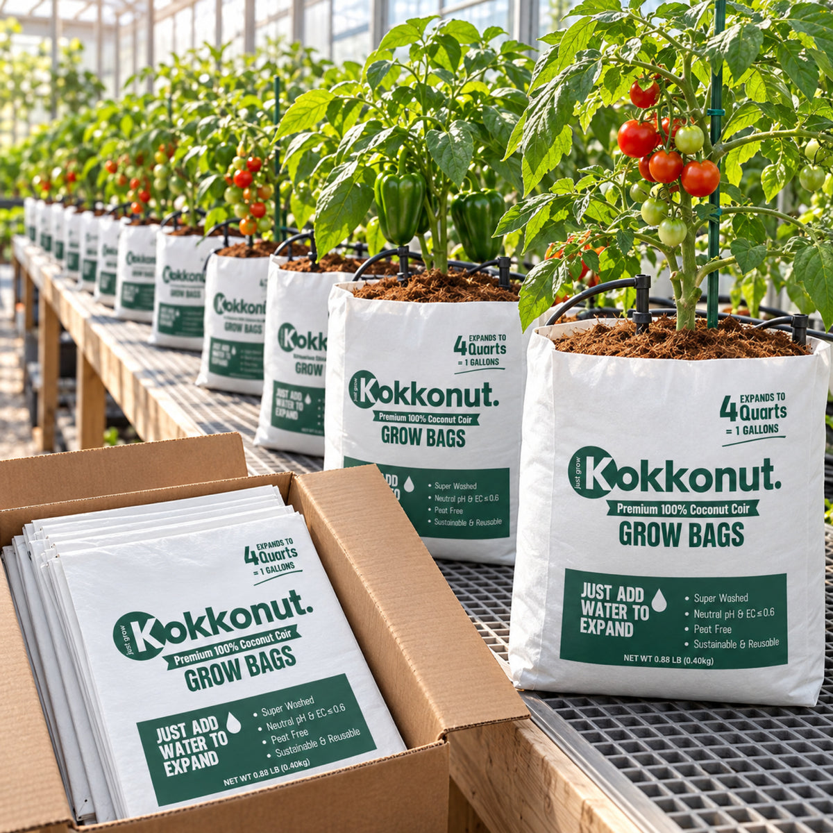 Kokkonut coco coir grow bags in use at a plant nursery