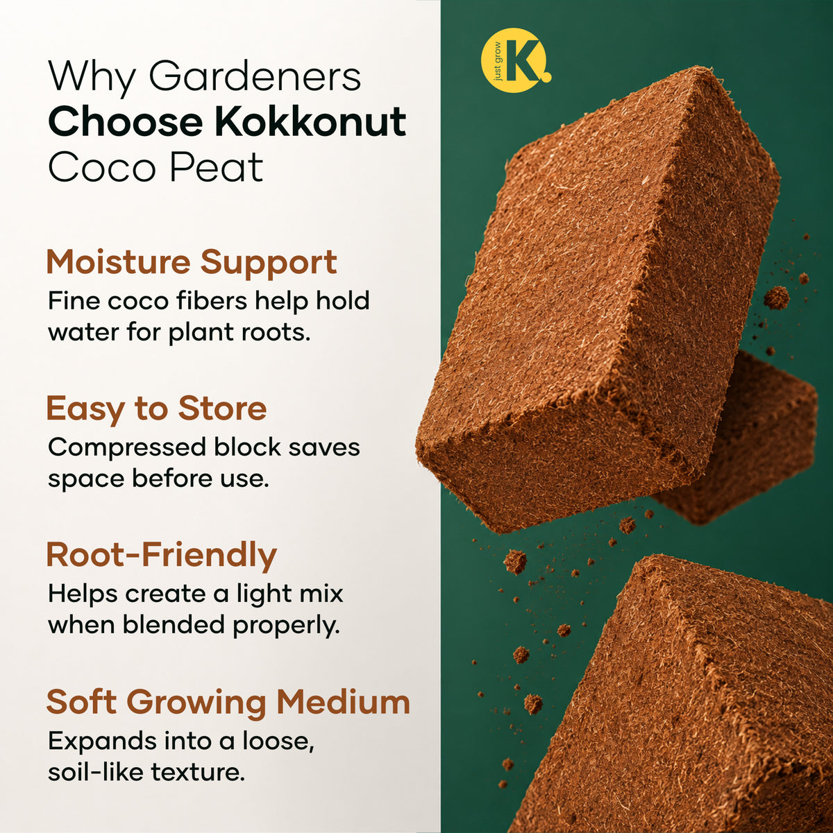 Benefits of Kokkonut coconut coir: low EC, pH neutral, peat free