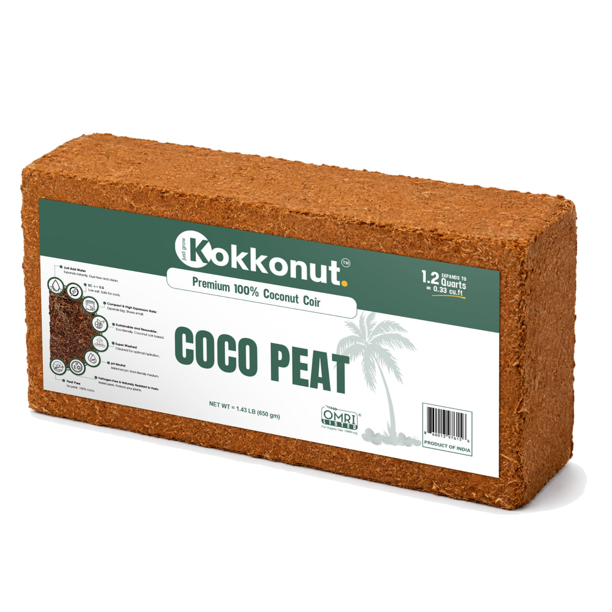 Kokkonut coco peat brick, 1 x 650 g compressed coconut coir