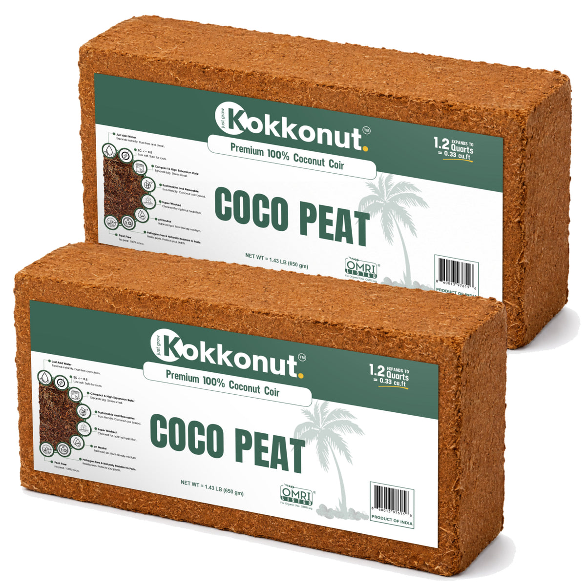 Kokkonut coco peat bricks, 2 x 650 g compressed coconut coir