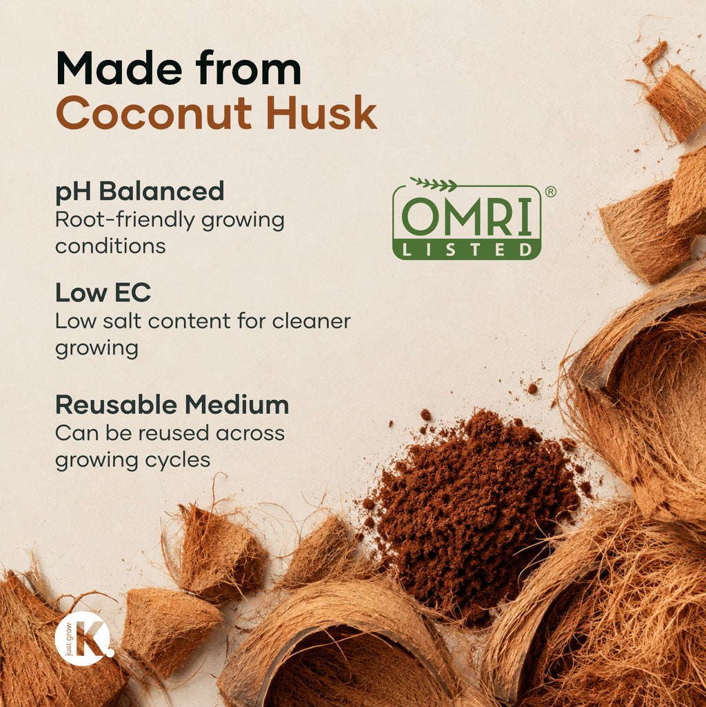 Kokkonut coco peat made from coconut husk: pH balanced, low EC, reusable, OMRI Listed