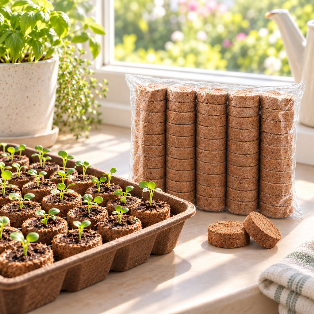 Seedlings growing in Kokkonut coir pellets in a seed tray
